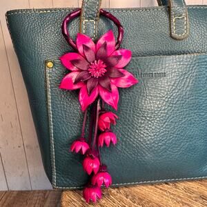 Bright Pink Daisy Leather Flower Purse Charm Genuine Leather Pink Bag Charm